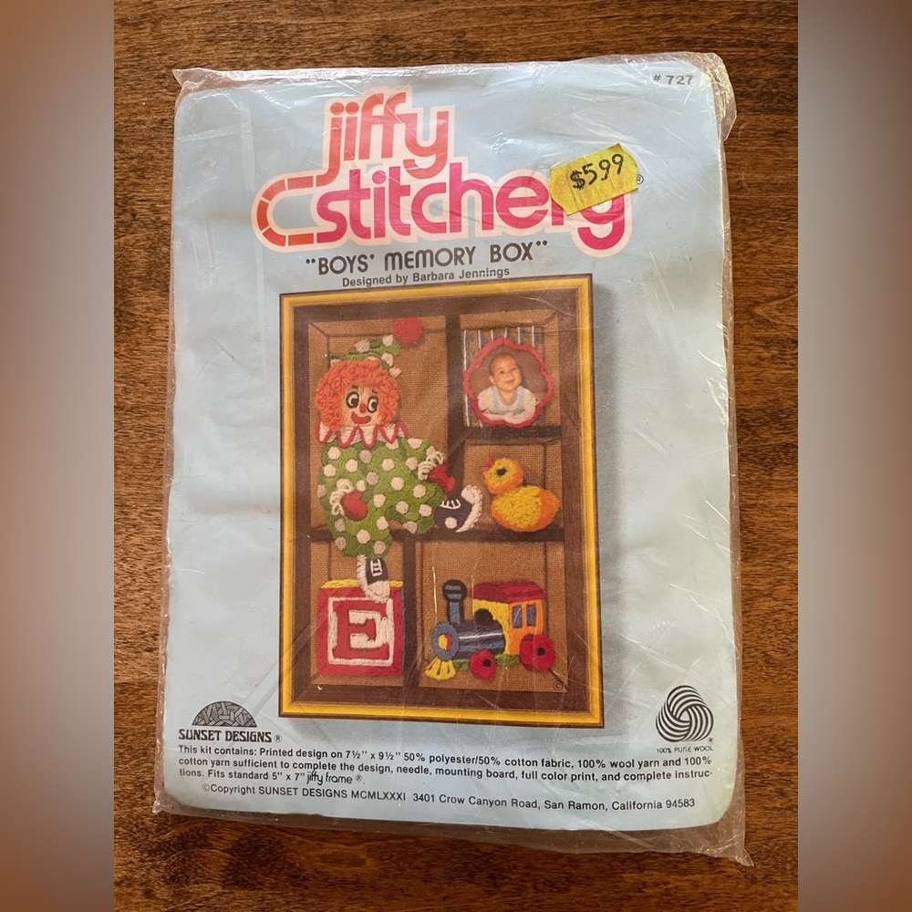 Vintage 1981 Sunset Designs Jiffy Stitchery “Boys Memory Box” Needlepoint Craft